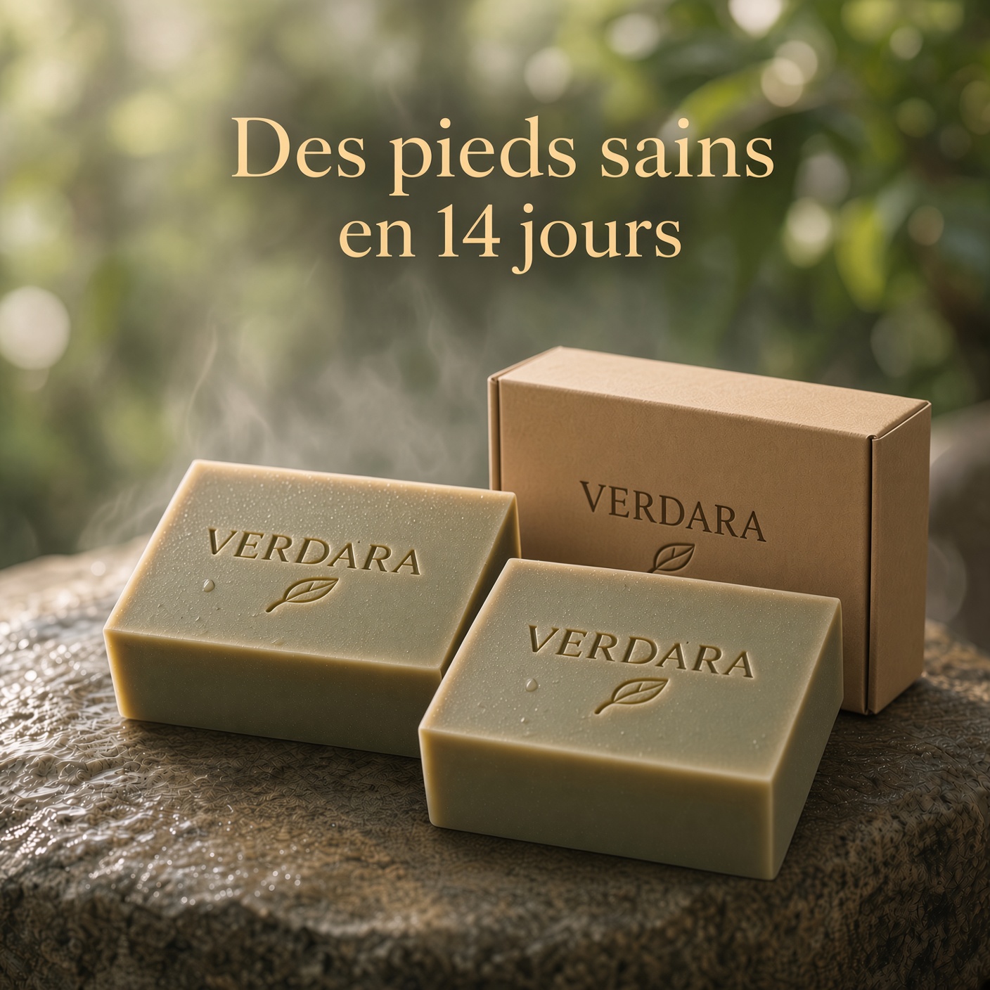 Deux savons Verdara et leur boîte dans une ambiance naturelle